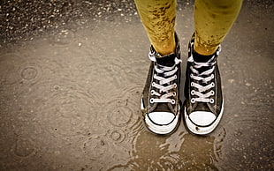pair of brown-and-white high-top sneakers, ripples, rain, shoes, puddle