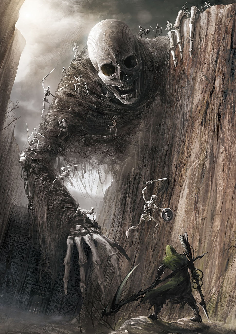 giant skeleton attacking man in green robe with scythe HD wallpaper, skull, skeleton, bones, digital art HD wallpaper
