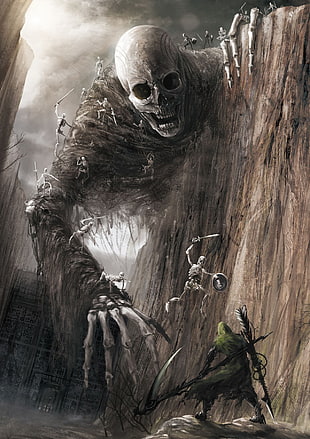 giant skeleton attacking man in green robe with scythe HD wallpaper, skull, skeleton, bones, digital art