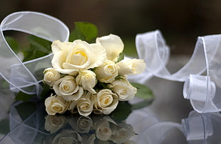 photo of bouquet of yellow roses with white ribbon