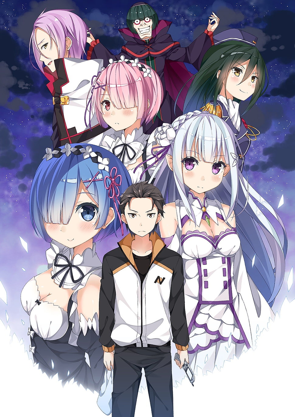 anime characters digital wallpaper, Re:Zero Kara Hajimeru Isekai Seikatsu, Emilia (Re: Zero), Natsuki Subaru, Rem (Re: Zero) HD wallpaper