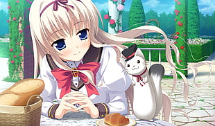 female anime character with white cat HD wallpaper