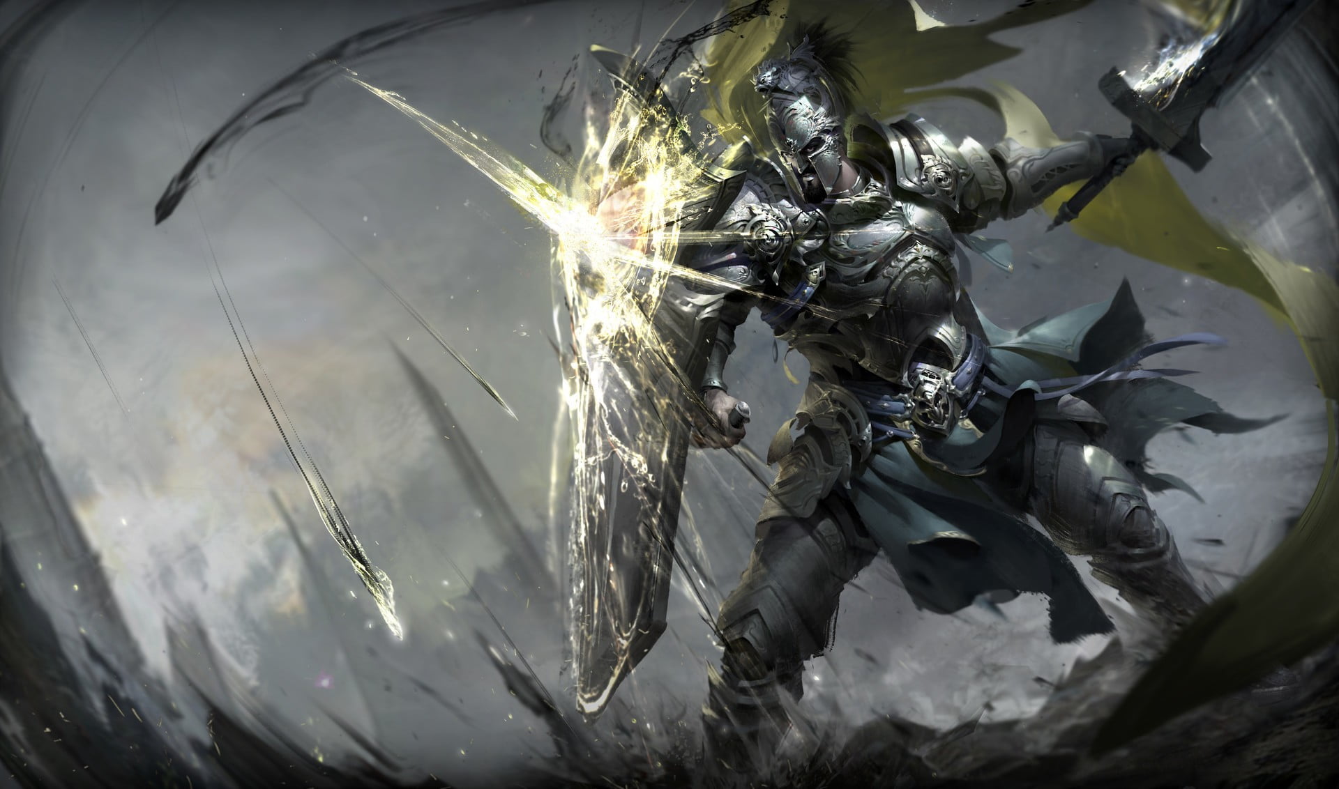 Knight holding sword and shield digital wallpaper, warrior, fantasy art