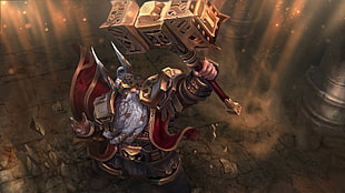 warrior with red cape holding gold hammer illustration, fantasy art, warrior, hammer HD wallpaper