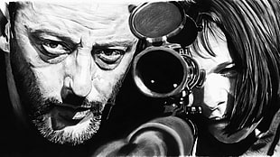 man beside girl looking through gun scope artwork