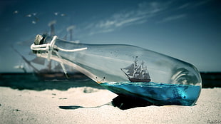 close-up photo of clear glass bottle on sand