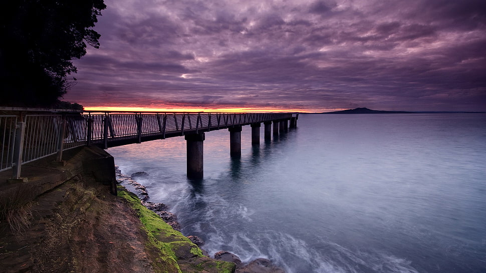 rectangular brown wooden coffee table, nature, sea, sunset, clouds HD wallpaper