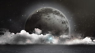 full moon illustration, city, lighthouse, airplane, night