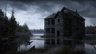 gray haunted house wallpaper, house, water, fantasy art, artwork HD wallpaper