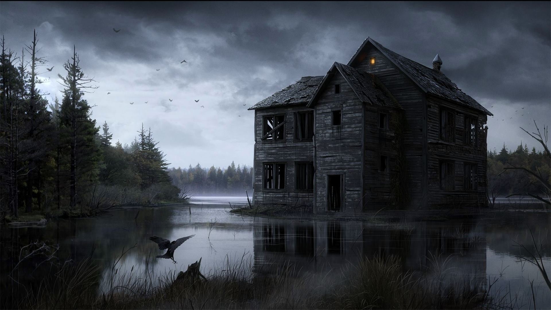 gray haunted house wallpaper, house, water, fantasy art, artwork
