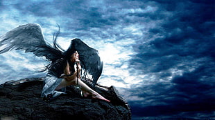 woman sitting on rock with vulture HD wallpaper