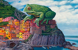 green frog on top of buildings painting, Protest the Hero, frog