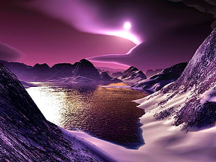 purple lake with mountains