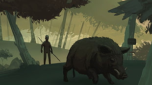 person hunting boar illustration, artwork, animals, boars, pigs