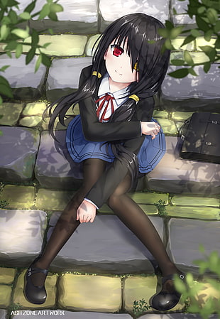 girl anime wearing black school uniform while sitting on concrete stair