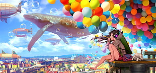 black haired anime character sitting near balloons illustratio