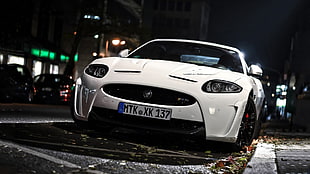 white vehicle, car, Jaguar, Jaguar XKR-S, street