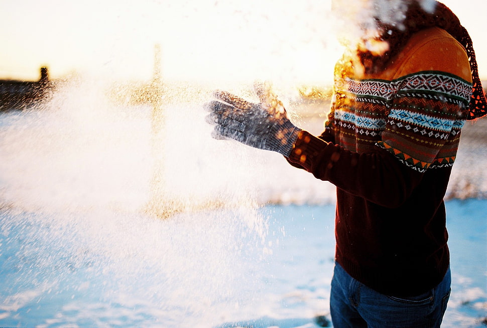 men's brown and orange aztec print sweater, snow, gloves, people, sunset HD wallpaper