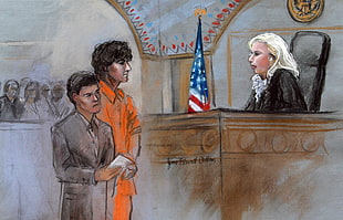judge looking at the man in orange and attorney sketch