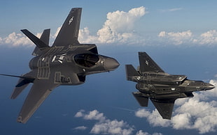 two fighter aircraft, F-35 Lightning II, airplane, Lockheed Martin F-35 Lightning II HD wallpaper