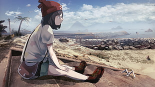 female Anime character in white shirt, green shorts, and knit red hat