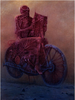 person riding on motorcycle painting, Zdzisław Beksiński, painting