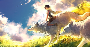 girl riding wolf digital wallpaper