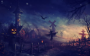 Halloween village poster, Halloween, scarecrows, pumpkin, Jack O' Lantern HD wallpaper