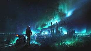 man with motorcycle watching the northern lights above the city