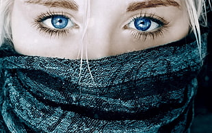 white and blue floral textile, blue eyes, blonde, face, scarf