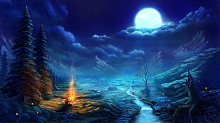 illustration of trees under moonlight, digital art, fantasy art, nature, landscape