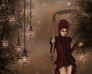 woman in red dress holding scythe HD wallpaper