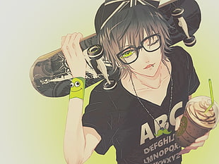 man holding skateboard animated illustration, anime, glasses, anime boys