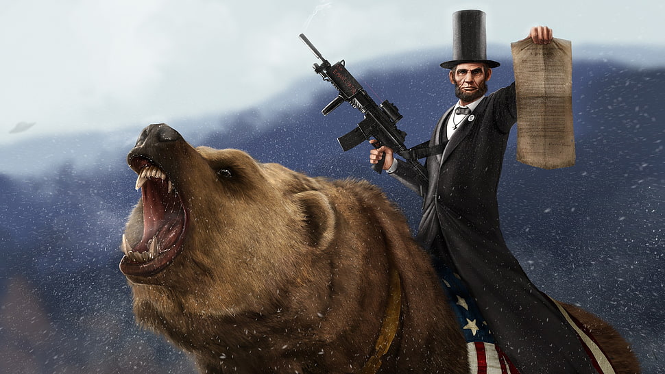 Abraham Lincoln riding on grizzle bear holding warrant of arrest paper digital wallpaper HD wallpaper