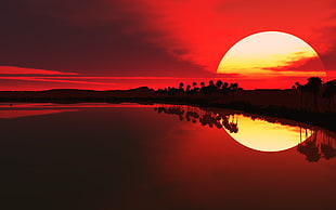 body of water during sunset, sunset, Red sun, beach, sky HD wallpaper