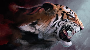 brown, black, and white tiger painting, tiger, artwork