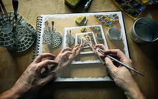 grey paint brush, painting, hands, recursion