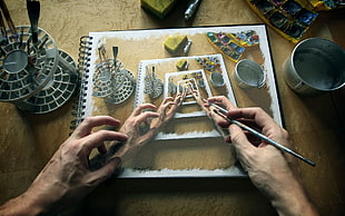 grey paint brush, painting, hands, recursion HD wallpaper