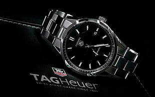 round silver-colored Tag Heuer analog watch with link strap, watch, luxury watches, TAG Heuer