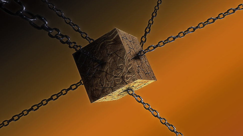 cube brown rock with chain, cube, chains HD wallpaper