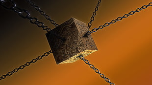 cube brown rock with chain, cube, chains HD wallpaper