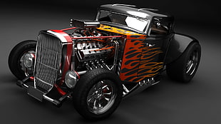 red and black hot rod scale model, car, Hot Rod, modified, muscle cars