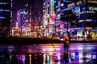 orange umbrella, cityscape, umbrella, South Korea, night