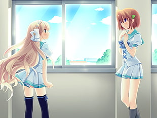 two female anime character in grey uniforms facing each other