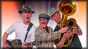 three men with guitar and trumpet screenshot HD wallpaper