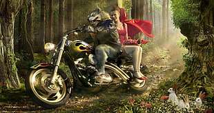 wolf riding on cruiser motorcycle digital wallpaper, motorcycle, fantasy art, digital art, Little Red Riding Hood