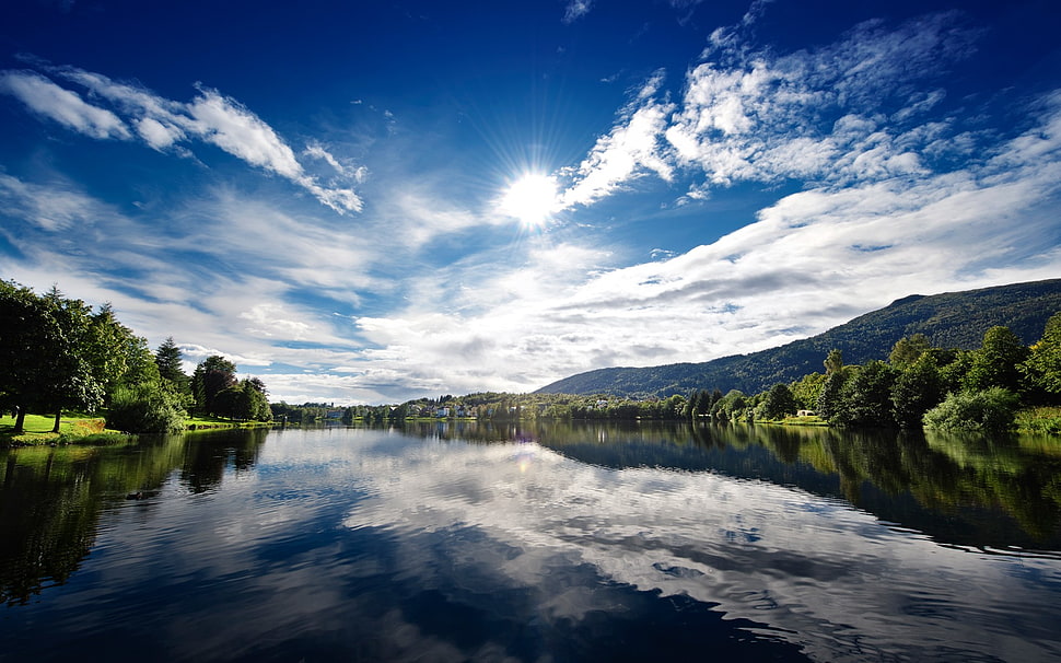 calm river between green trees under cloudy sky HD wallpaper
