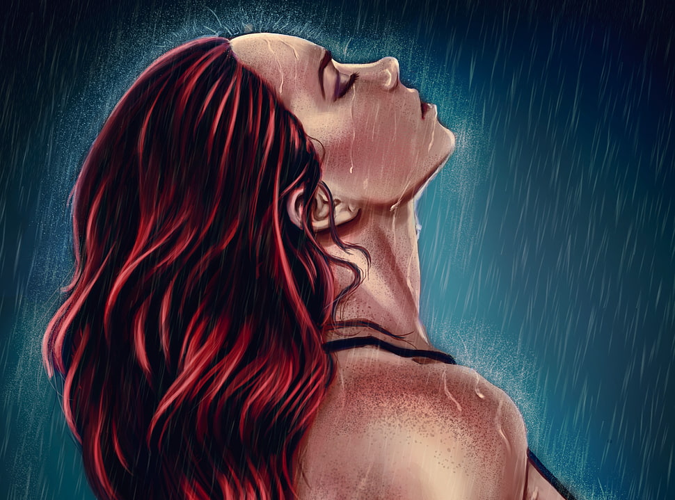 red hair woman under the rain illustration HD wallpaper
