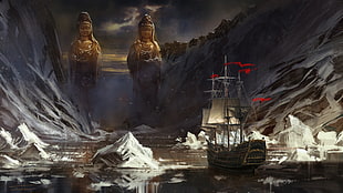 brown ship near body of water between mountain wallpaper, Jude Smith, artwork, fantasy art, sailing ship HD wallpaper