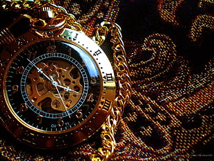 round gold-colored skeleton pocket watch, steampunk, watch